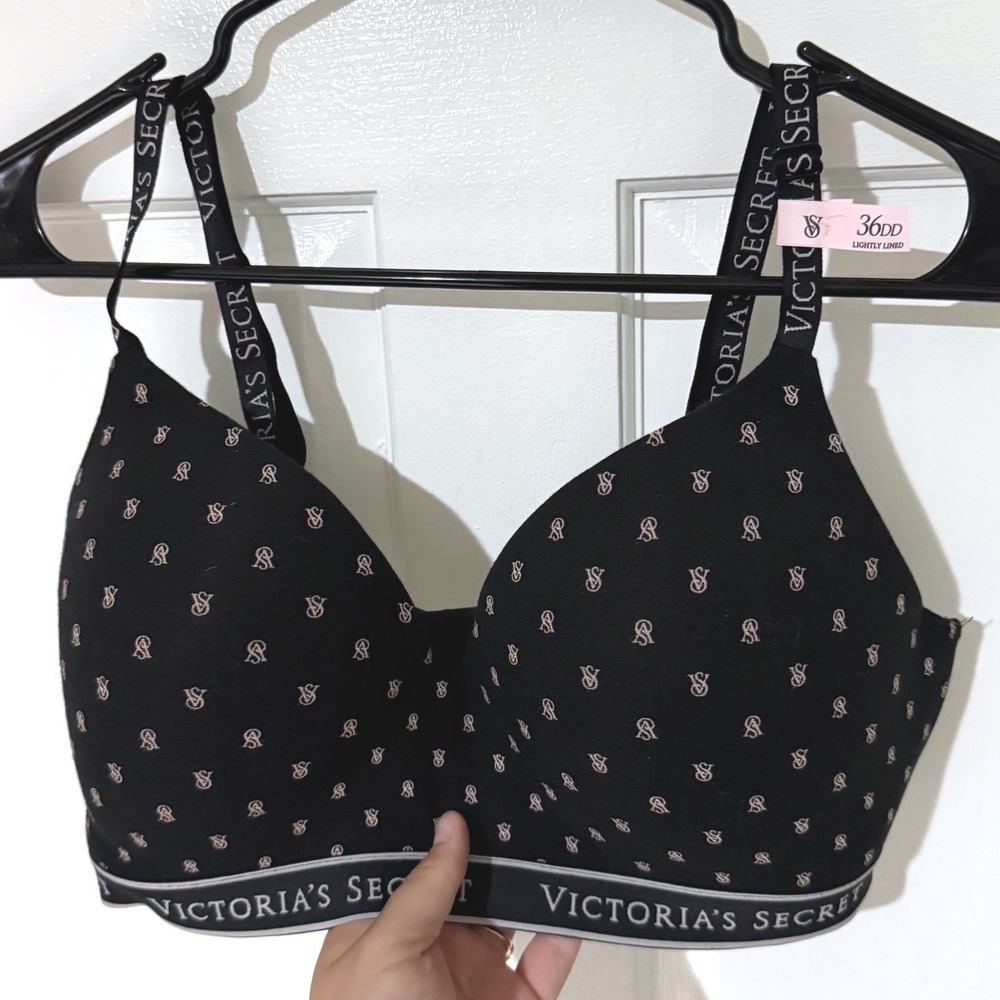 Victoria's Secret Black Pink Monogram Logo Lightly Lined Wireless Bra 36DD NWT